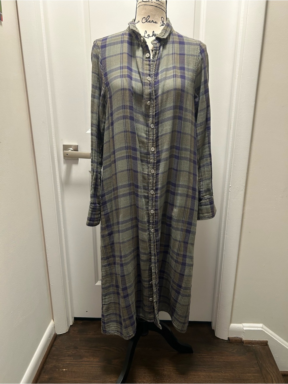 Free People Olive Green and Plum Plaid Button-Front Shirt Dress/Duster